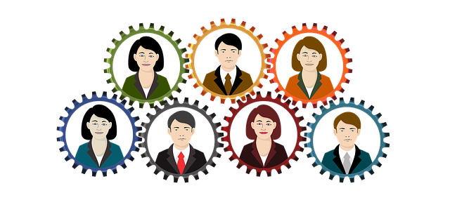Connected gears with a business man or woman in each one of them