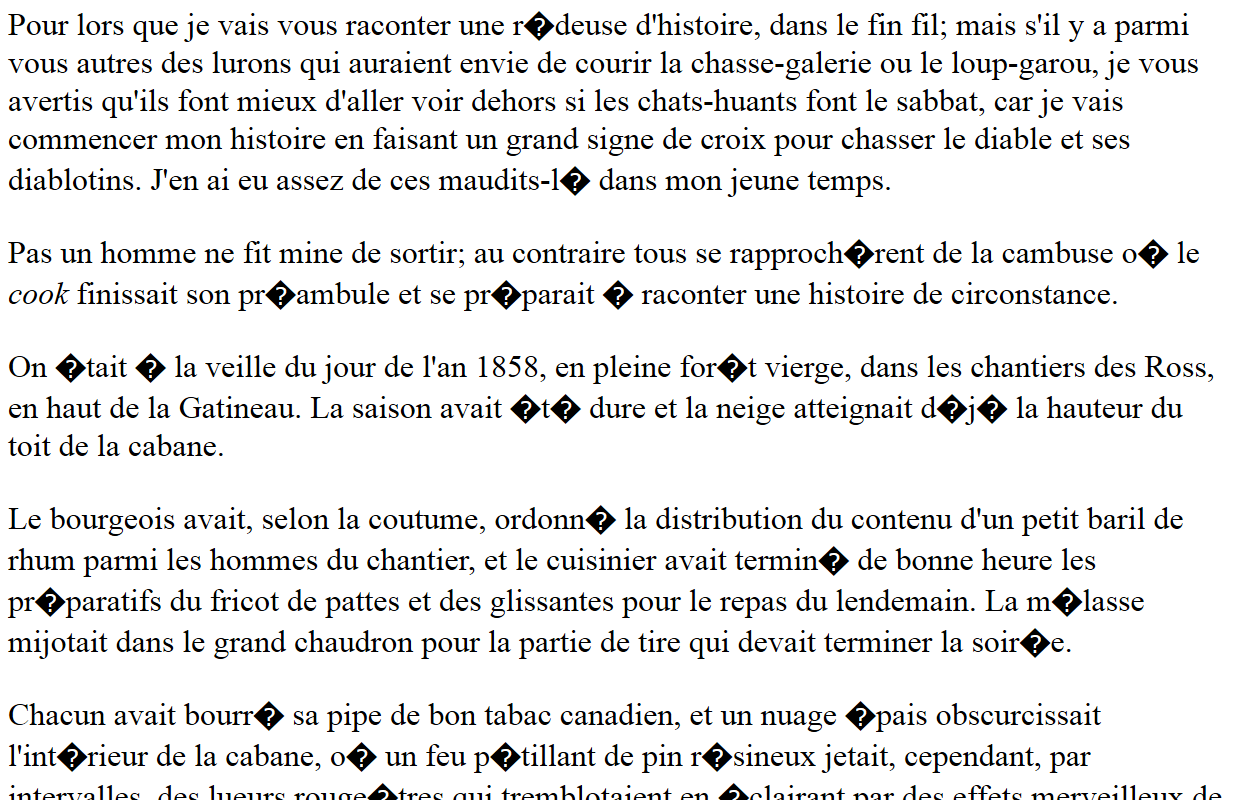 Excerpt of La Chasse-galerie with corrupted characters