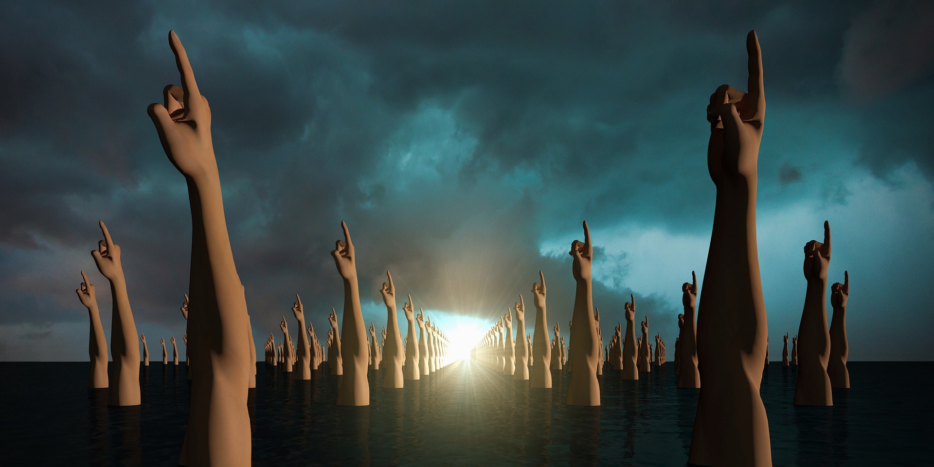 Field of CG-rendered disembodied arms pointing at a dark sky at sunrise