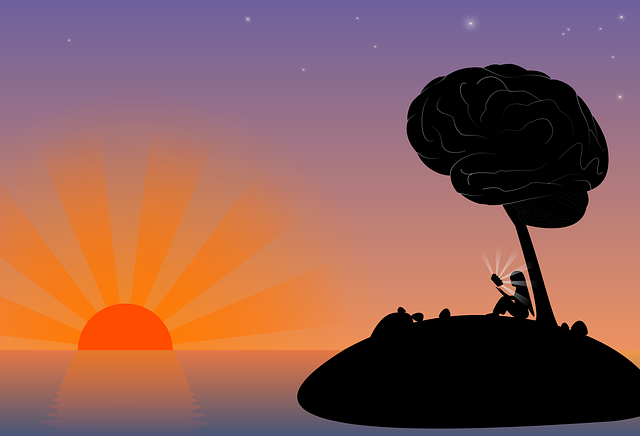 Girl sitting on a small deserted island at sunrise reading a magical book under a brain-shaped tree