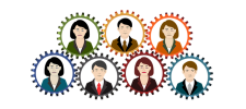 Connected gears with a business man or woman in each one of them