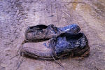 A muddy pair of shoes in a muddy road